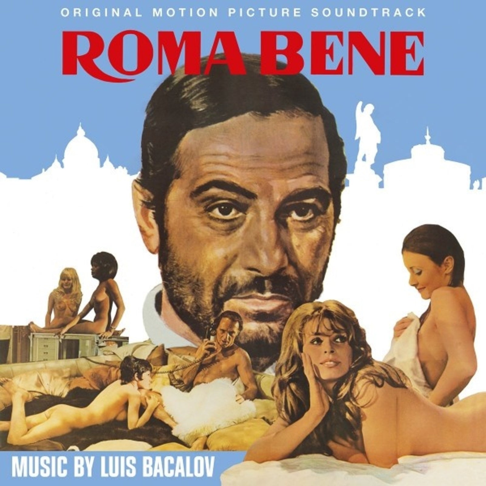 CD cover for "Roma Bene" soundtrack by Luis Bacalov, featuring film imagery.