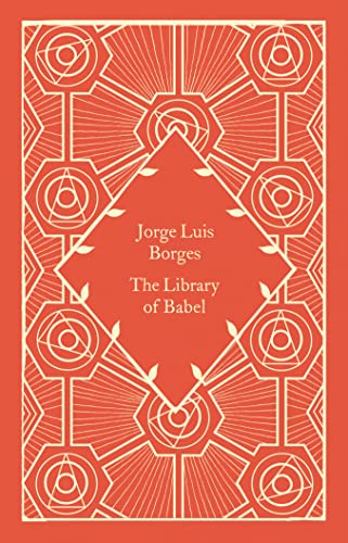 Red book cover with geometric design and title "The Library of Babel".