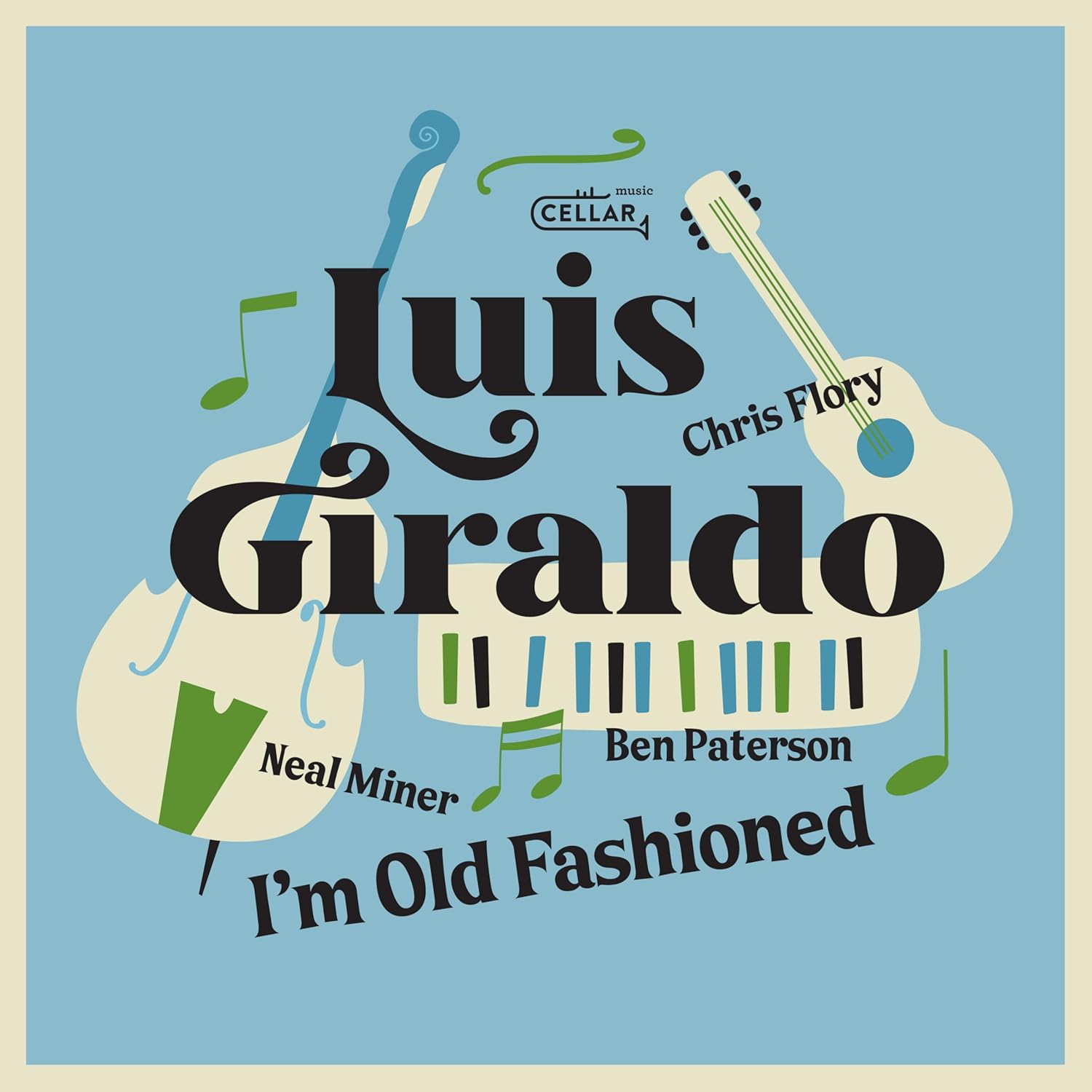 CD cover for Luis Giraldo’s “I’m Old Fashioned” with musical motifs.