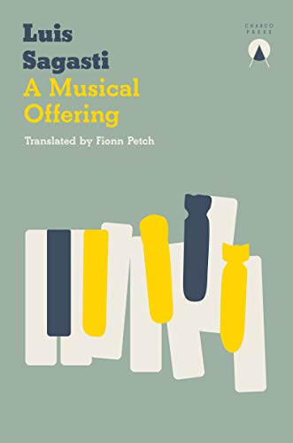 Book cover: "A Musical Offering" by Luis Sagasti, with abstract piano keys.