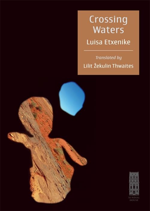 Book cover: "Crossing Waters" with a figure and blue shape.