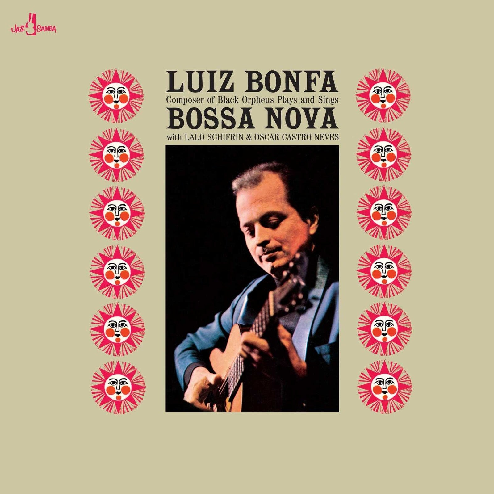 Luiz Bonfa album cover with portrait and repeating sun graphics.