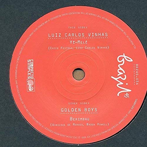 Red vinyl record label with text: "Luiz Carlos Vinhas / Ye-Mele" and "Golden Boys / Berimbau".