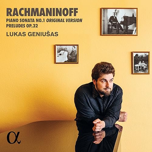 CD cover featuring pianist Lukas Geniusas and framed vintage photos.