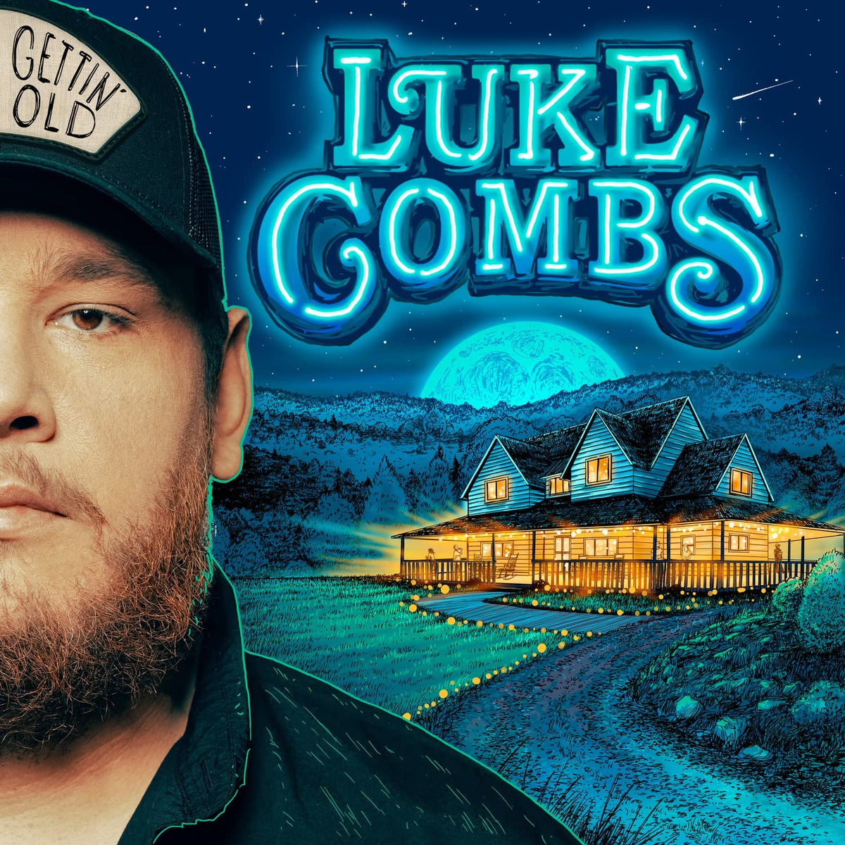 Luke Combs “Gettin’ Old” CD cover with a portrait and landscape.