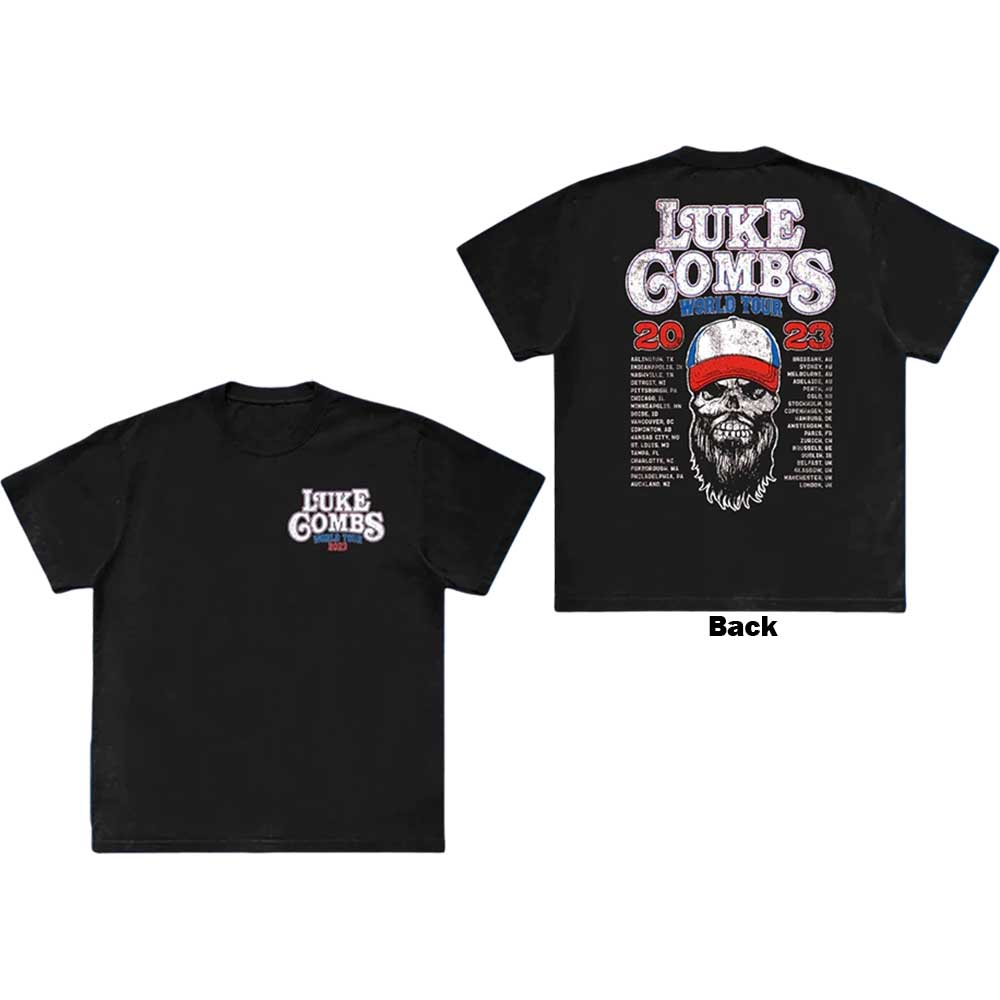 Black unisex t-shirt with Luke Combs' tour skull design on the back.