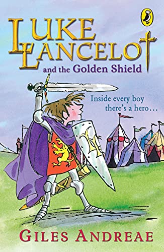 Book cover: illustrated boy knight with sword and shield, medieval tents.