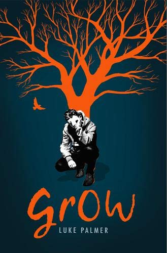 A person crouching beneath a large orange tree on a dark blue background.
