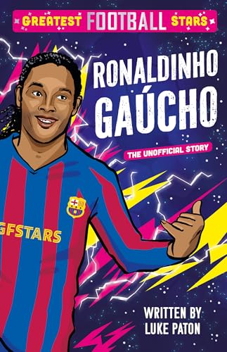 Book cover illustration of Ronaldinho wearing a blue and red striped football jersey.