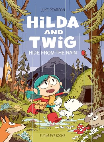 Hilda and a white dog run from rain in a forest scene.