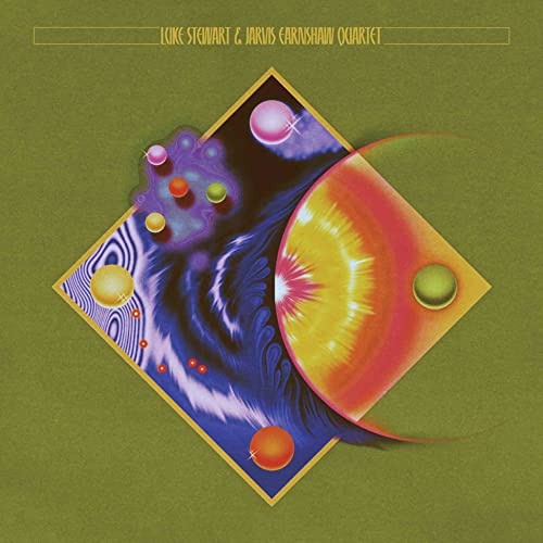 Album cover featuring a diamond-shaped abstract cosmic design with spheres on olive green.