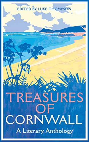 Book cover illustration of a Cornish beach with blue sea, yellow sand, and plants.