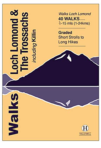 Book cover for Walks Loch Lomond and The Trossachs with a mountain reflection illustration.
