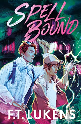 Two young people stand before a dark, glowing house, one holding a flashlight.