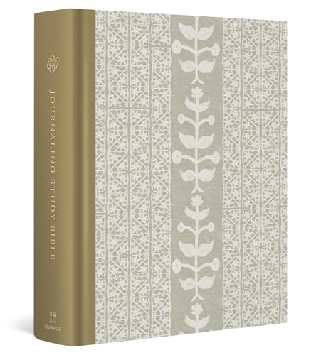 Closed olive-green and patterned Bible with “JOURNALING STUDY BIBLE” text.