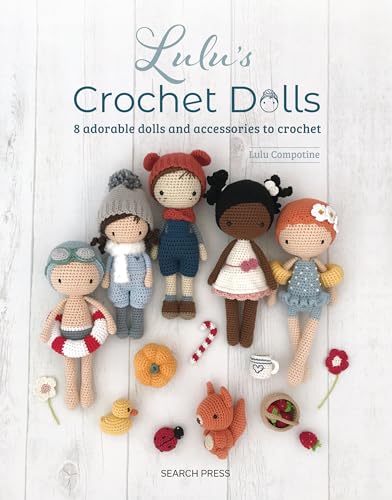 Book cover featuring five crocheted dolls and small crocheted accessories on a white background.