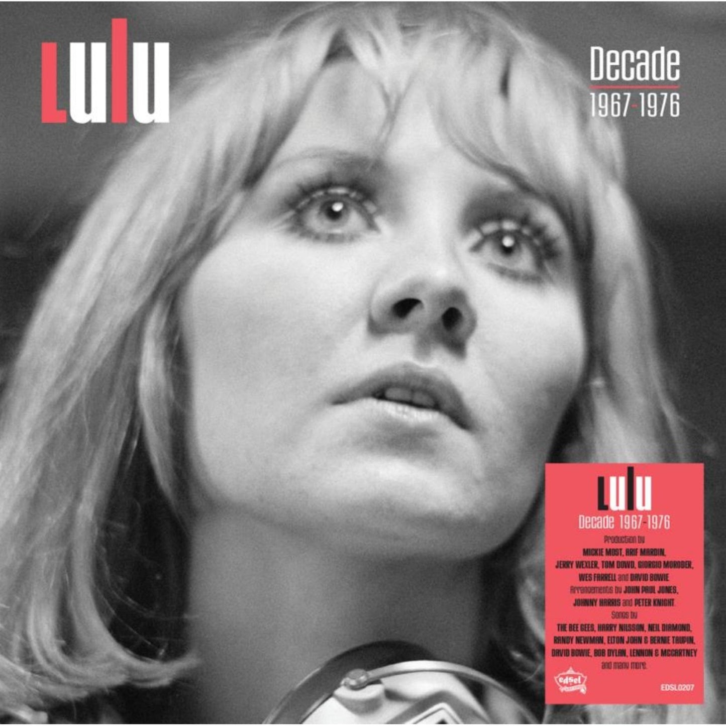Black and white CD cover featuring singer Lulu, text “Decade 1967-1976”.