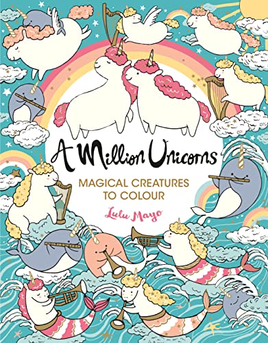Colouring book cover with whimsical unicorns, mermaids, and a rainbow.