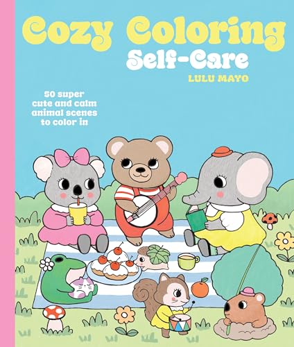 Cover of coloring book with cute cartoon animals having a picnic.