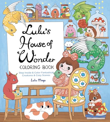 A girl sits in a chair surrounded by fantastical creatures and shelves of jars.