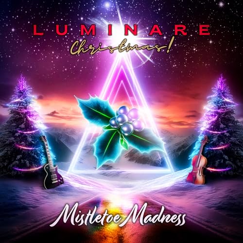 CD cover with glowing triangles, mistletoe, instruments, and snowy trees.