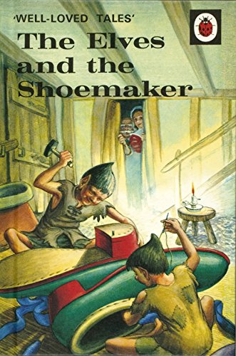 Book cover illustration of two elves making shoes while a couple watches from behind.