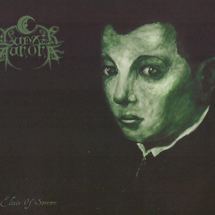 Green-toned portrait of a sorrowful face with ornate band logo above.