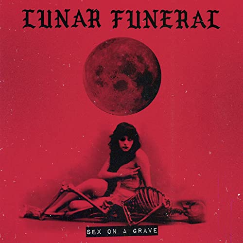 Red album cover with a full moon, woman, and skeletal remains.