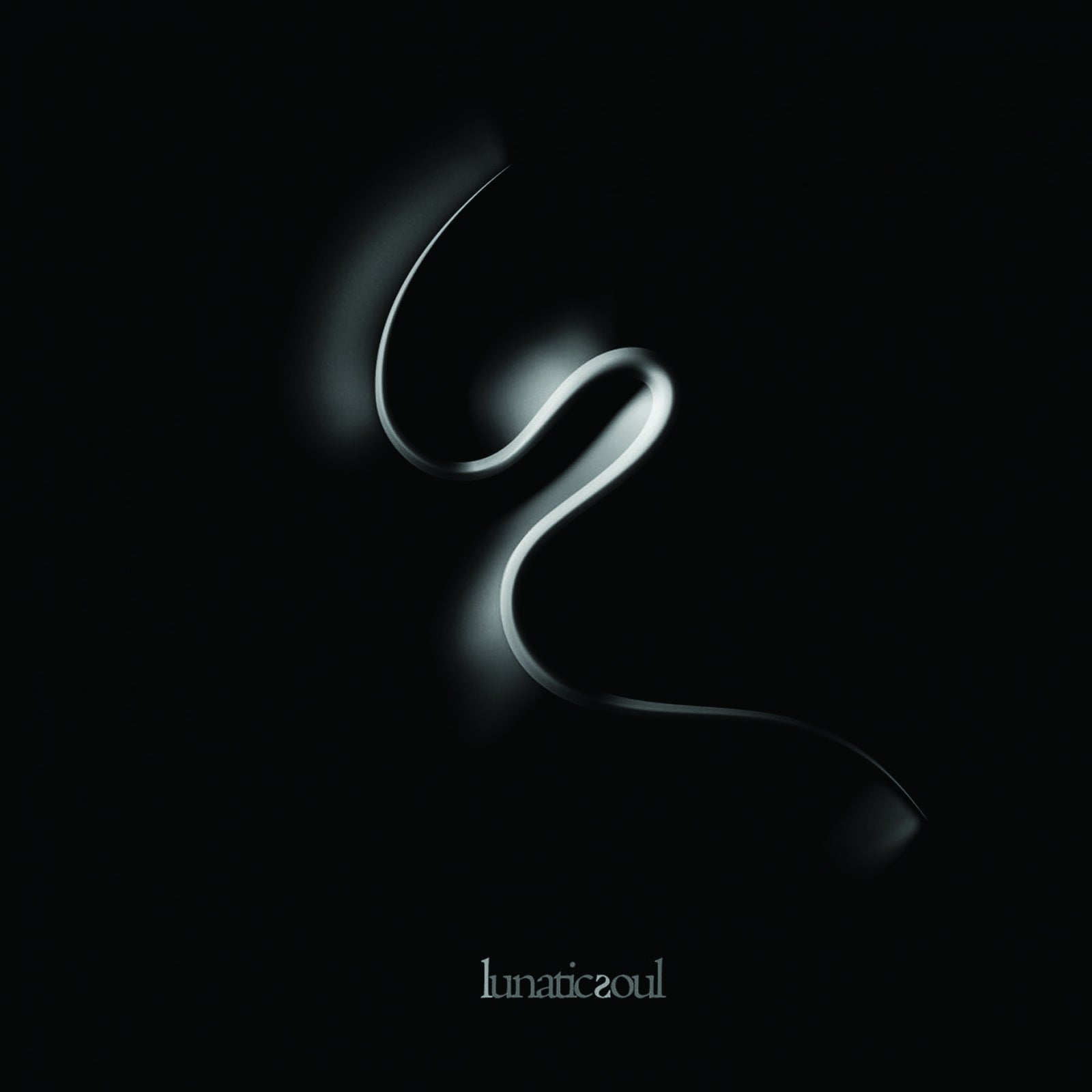 Black album cover with a swirling, glowing silver shape and text below.
