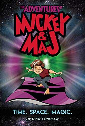 Book cover: boy on a flying carpet in a starry sky.