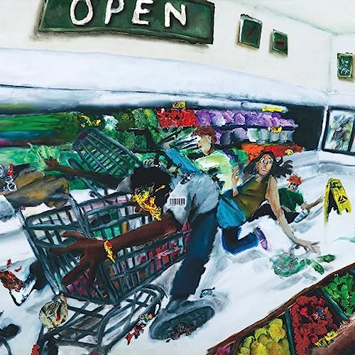 Painted album cover depicting chaotic supermarket scene with people and shopping carts.