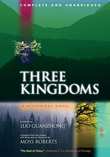 Book cover for Three Kingdoms with green mountain landscape, horsemen illustration, and text details.