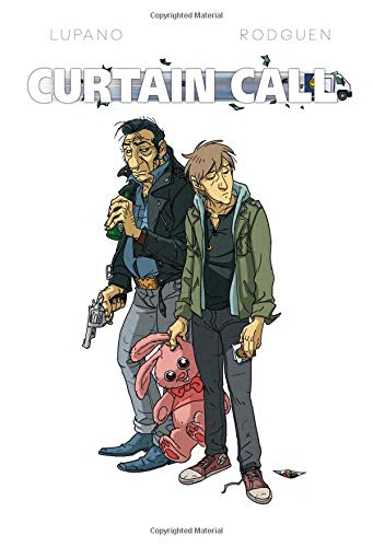 An older man with a gun and a younger man holding a pink rabbit.