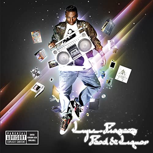 Lupe Fiasco album cover featuring a man with a boombox and floating images.