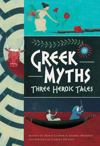 Book cover for Greek Myths featuring illustrations of a woman, a bull, and boaters.