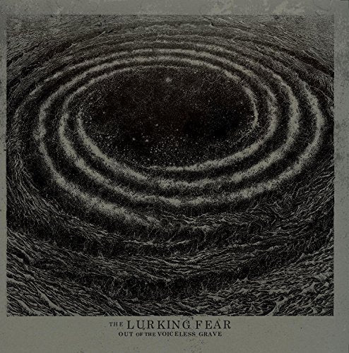 Black and white illustration of a swirling vortex over textured, dark, uneven ground.