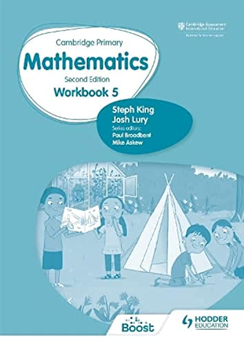 Cambridge Primary Mathematics Workbook 5, second edition, with children and a garden scene.