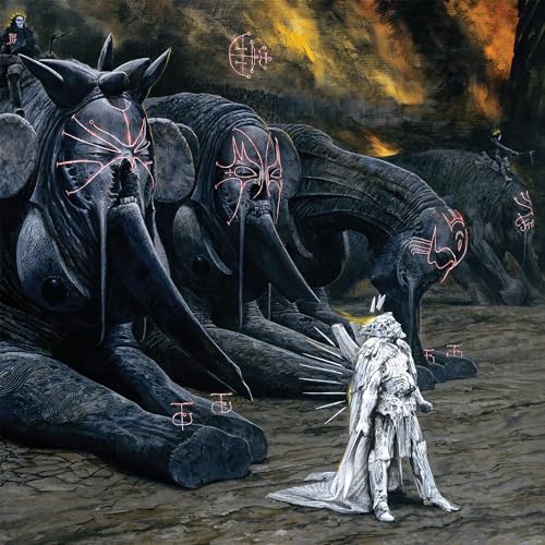 Dark fantasy album cover featuring monstrous elephants and a cloaked figure.