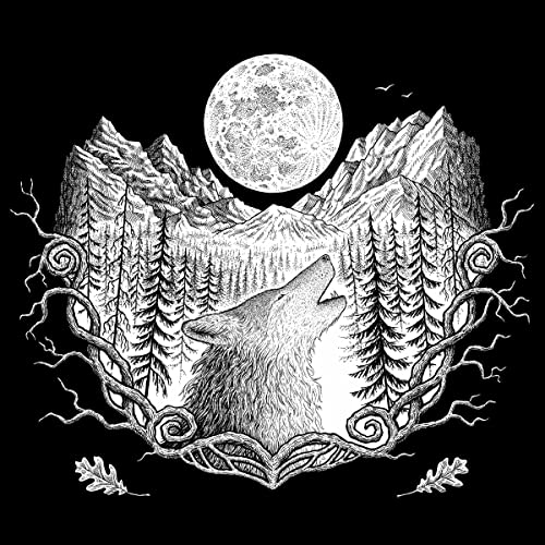 Black and white illustration of a howling wolf under a full moon.
