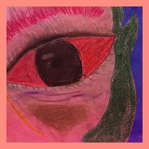 A colorful crayon drawing of a close-up human eye with pink and red tones.