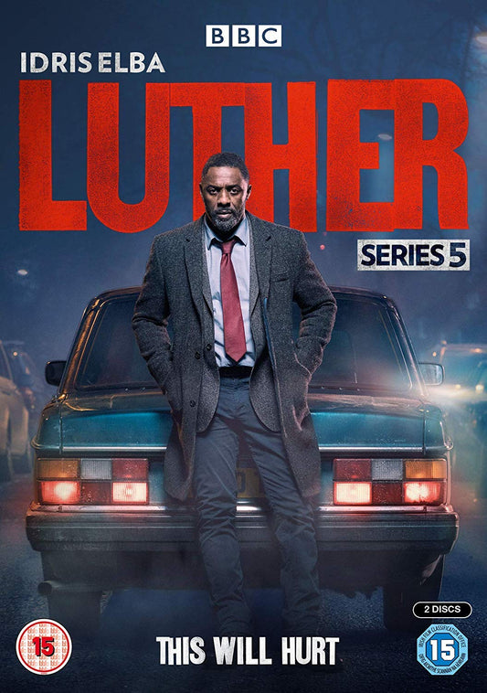 "Luther Series 5 DVD cover featuring Idris Elba standing by a car at night."