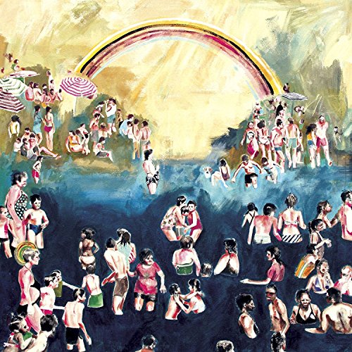 The image depicts a vibrant album cover featuring a lively beach scene with numerous swimmers. For accessibility purposes, a suitable alt text could be: "Vinyl album cover with colorful painting of people at the beach."