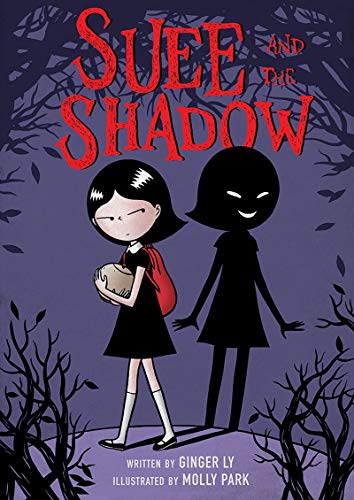 Book cover: girl with shadow, dark trees, illustrated style.
