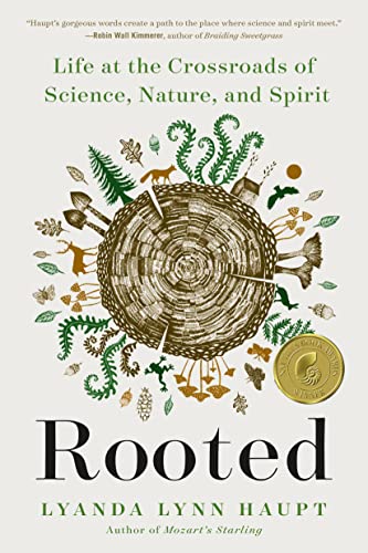 Book cover for Rooted featuring a tree stump surrounded by nature illustrations on white.