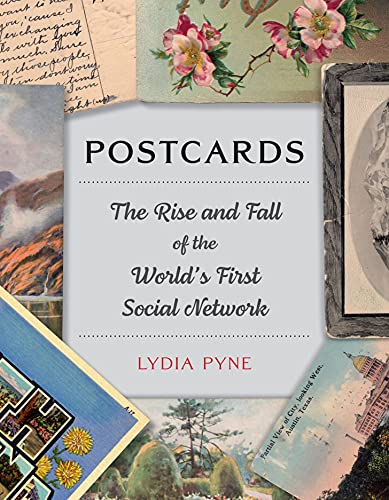 Book cover with vintage postcards arranged around the title "Postcards.