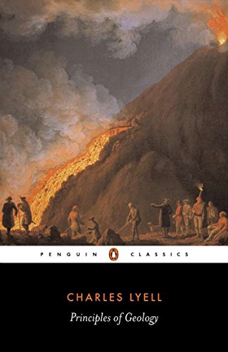 Book cover: "Principles of Geology" with a volcanic landscape painting.