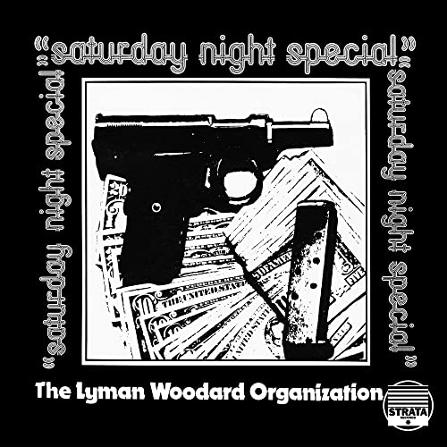 Vinyl record cover: handgun, money, and text on a black background.