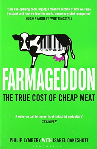 Book cover: green background, black and white cow with a barcode, title "Farmageddon".