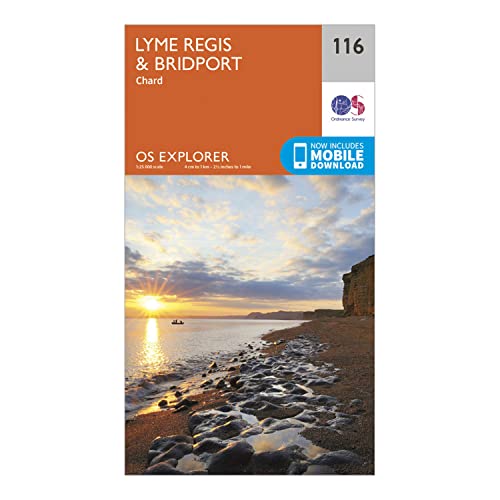 Ordnance Survey Explorer map 116 for Lyme Regis and Bridport with a coastal sunset image.
