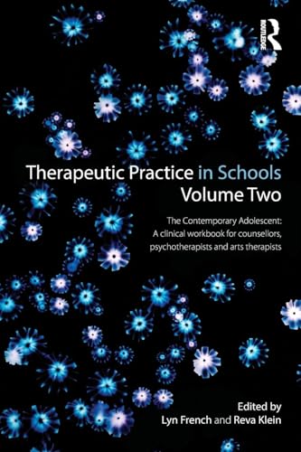 Book cover: “Therapeutic Practice in Schools”, blue floral pattern on black.